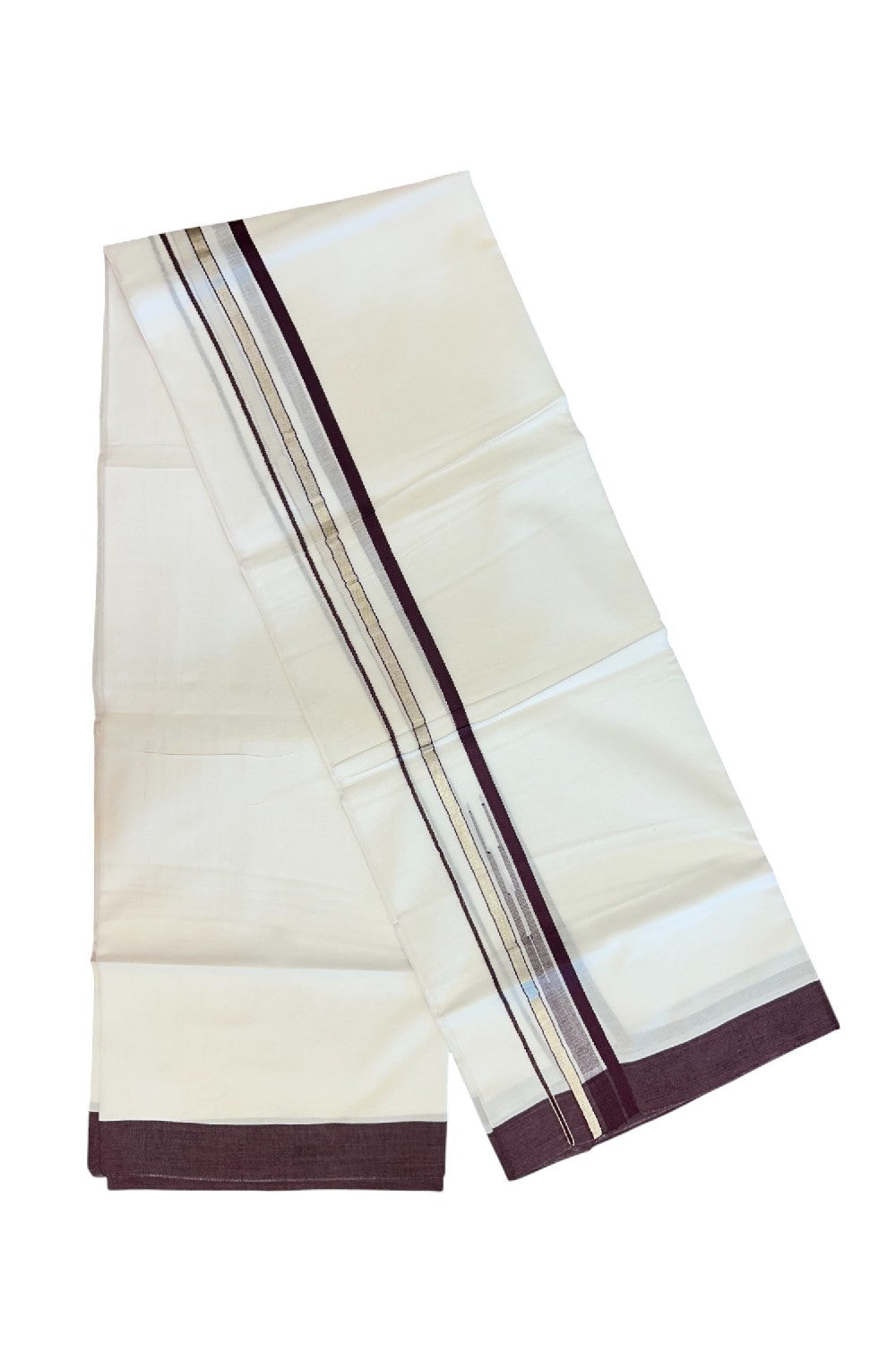20% Discount ! Kaitharikada Balaramapuram 100% Cotton PURE WHITE Double Mundu/Dothi - 100x80 - 1.5 inch Silver Kasavu & Grape Wine Striped chutty kara - 37KK5183VIN