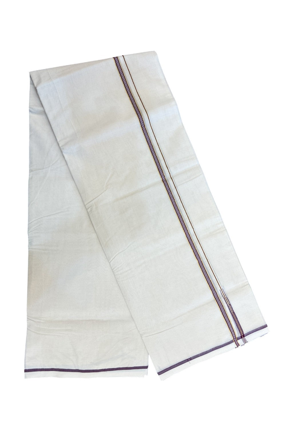 20% Discount ! KaithariKada Balaramapuram 100% Cotton Double Off white - (Unbleached) Mundu/Dhoti-100x100 - 1 cm Puliyilakkara Gold Kasavu & Wine Purple Striped Chutty kara - 37KK5218ASH