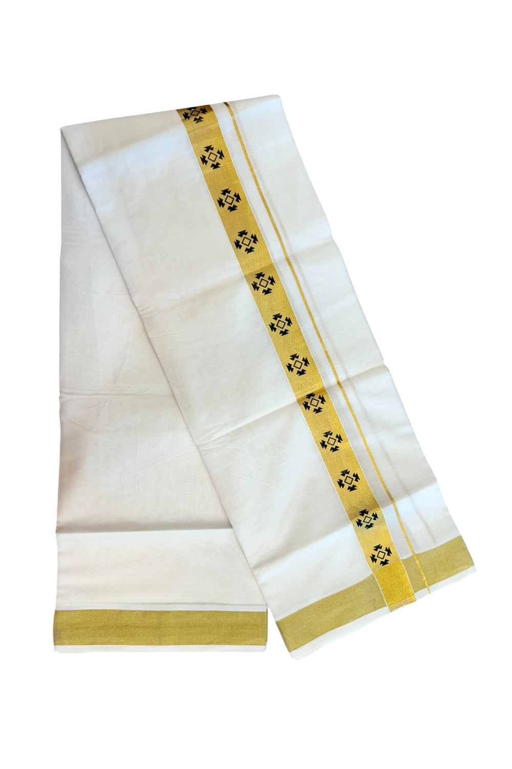 22% Discount!! KaithariKada Balaramapuram 100% Cotton DOUBLE OFF WHITE - (Ubleached) Mundu/Dhoti - 80x90 - 1.5 inch Gold Kasavu with Black Printed Design Kara - 37KK5219 GAN