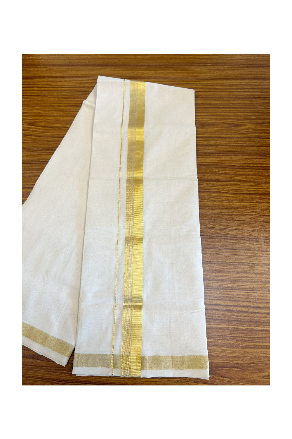 30% DISCOUNT ! KaithariKada HANDLOOM Unakkupaav Balaramapuram - 100% PURE Cotton Off White (Unbleached) Double Mundu/Dhoti - 2.25 INCH KASAVU SIDE STRIPES  KARA - 4KK71RAM