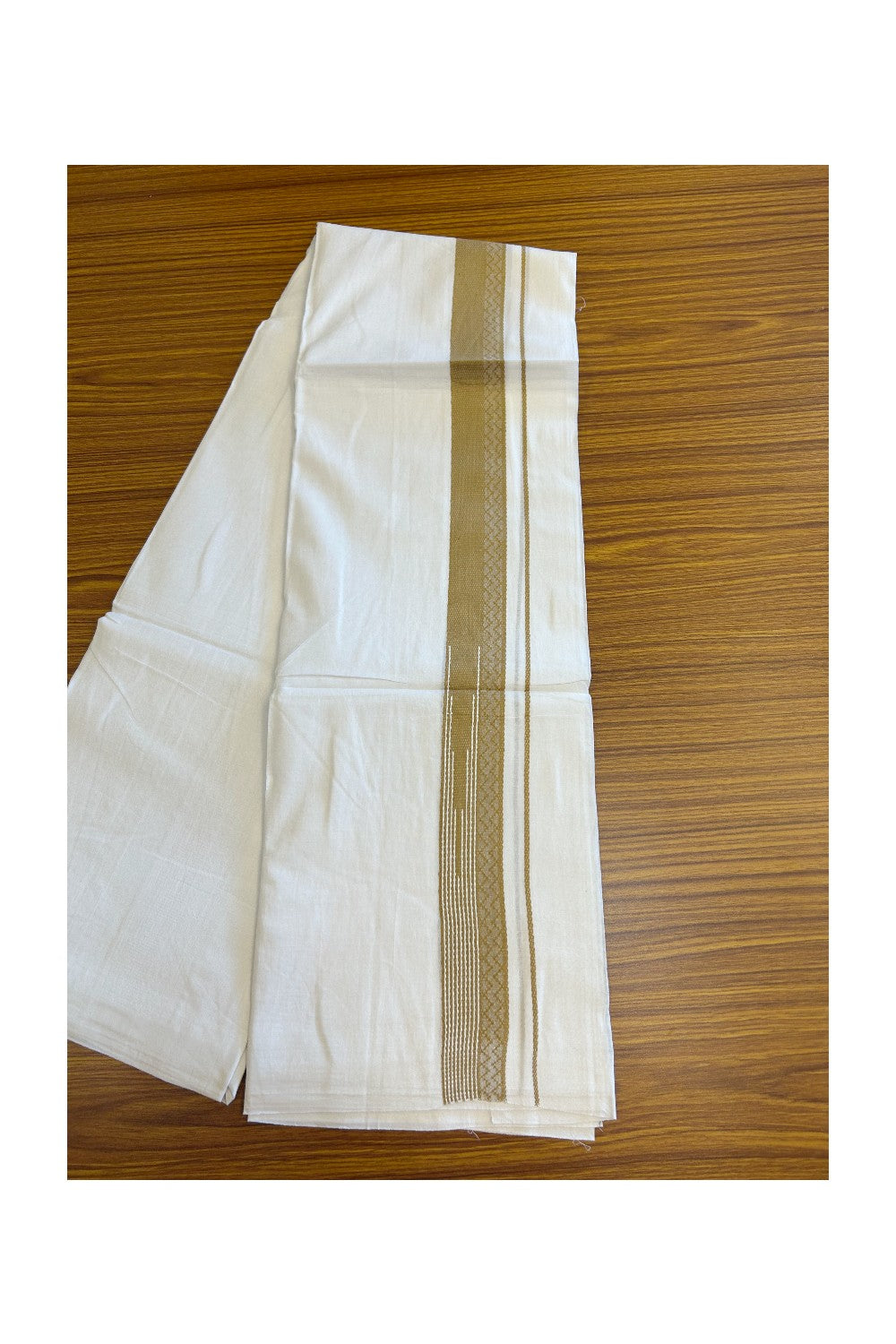 20% DISCOUNT!! Kaitharikada Balaramapuram 100% Cotton PURE WHITE Double Mundu/Dothi - 80X90 - 1.5 Inch Golden Brown design Kara 3.70 m (8 Muzham) - 56KK5115THI