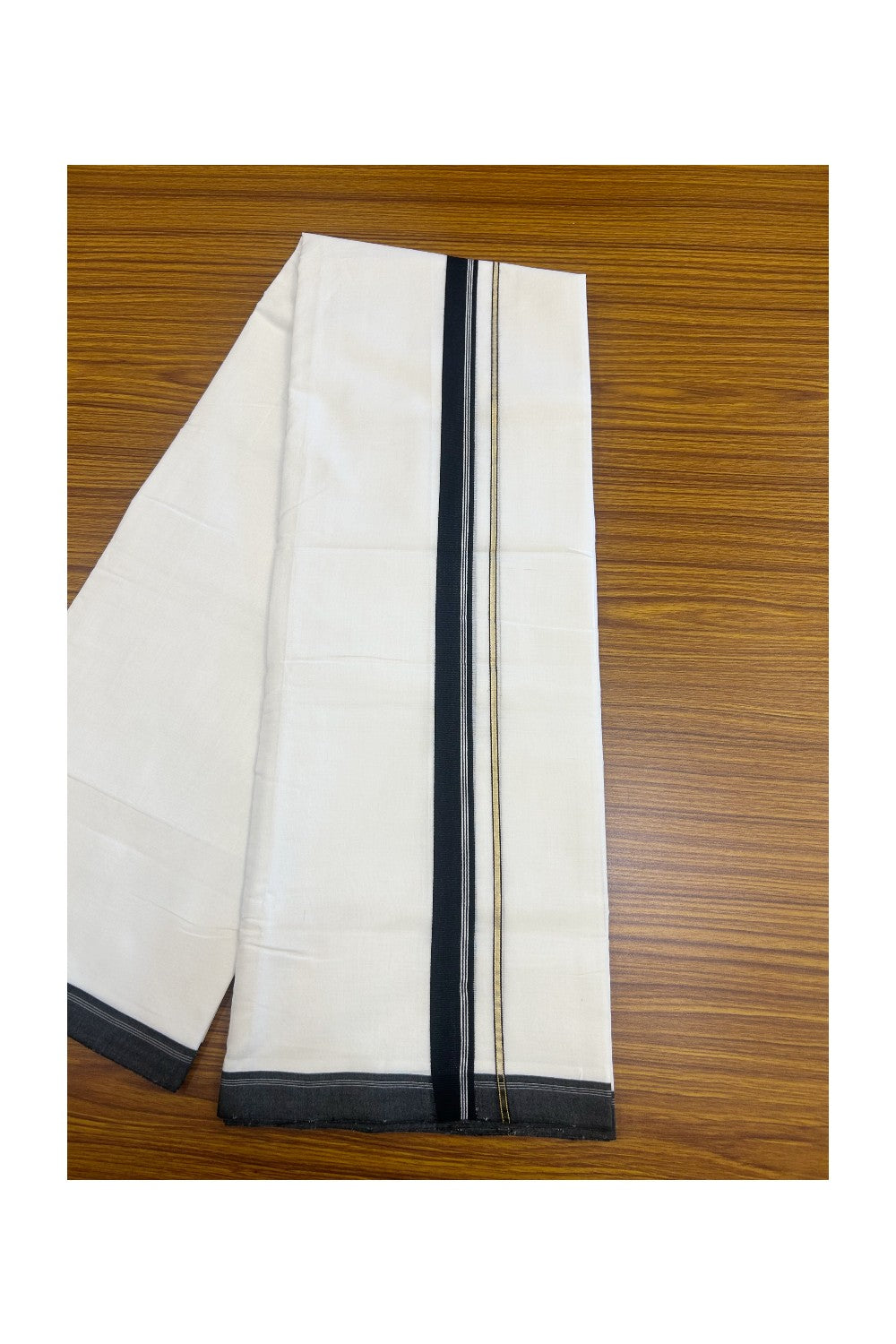25% Discount! NEW ULTRA PURE WHITE HANDLOOM Balaramapuram - 100% Mercerised Cotton Double Mundu/Dhoti - 120(Twisted) x 80 - 1 inch Pure Kasavu Black & White stripes Kara 3.80 meter (8.5 Muzham) - 43KK5167REA