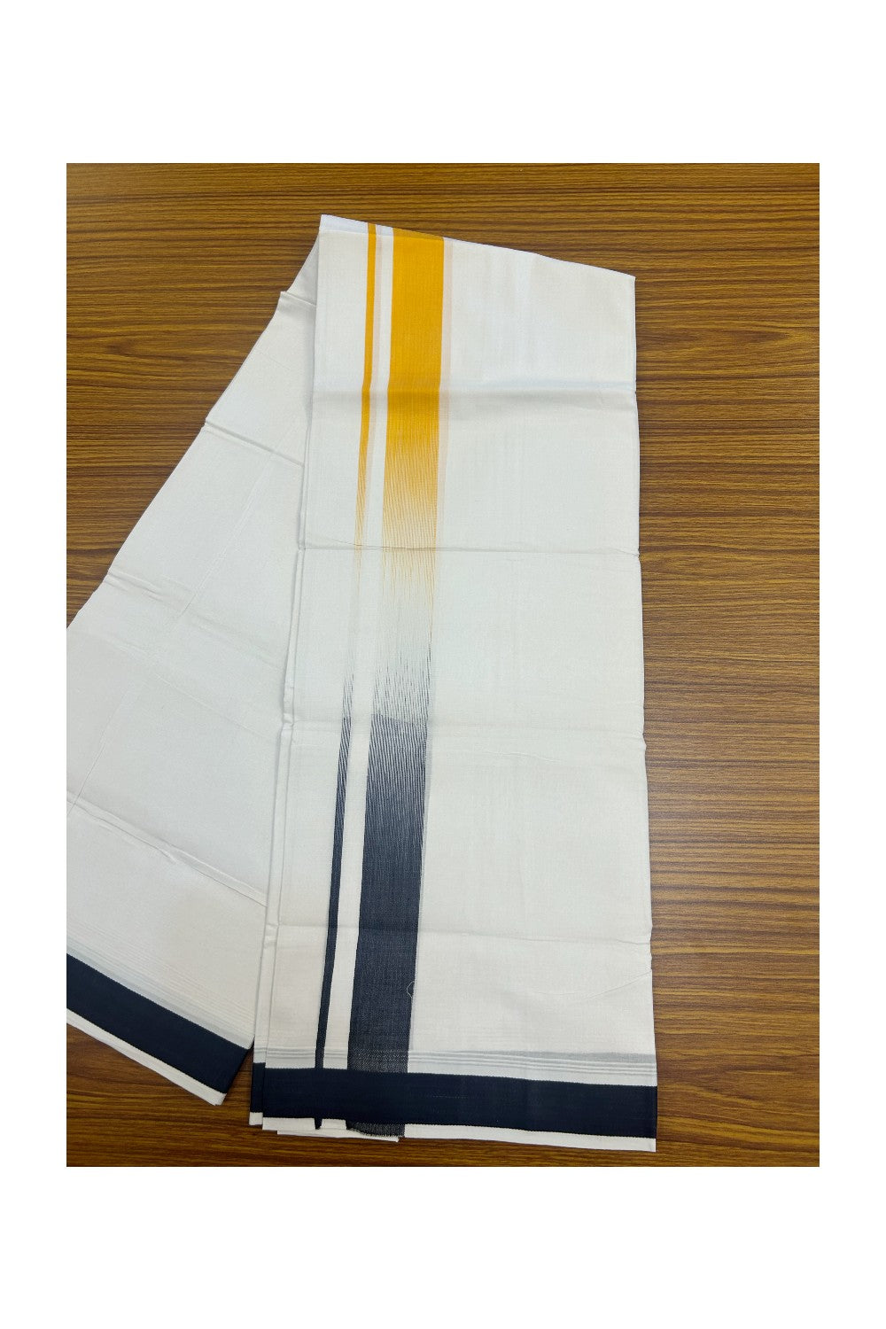 20% Discount!!! KaithariKada Balaramapuram DOUBLE PURE WHITE Mundu/Dhoti - 100X80 - 1.5 inch Navy Blue & Yellow Striped Designer Kara - 37KK5174THI