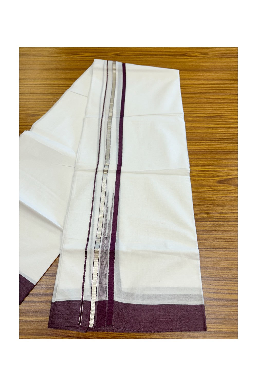 20% Discount ! Kaitharikada Balaramapuram 100% Cotton PURE WHITE Double Mundu/Dothi - 100x80 - 1.5 inch Silver Kasavu & Grape Wine Striped chutty kara - 37KK5183VIN