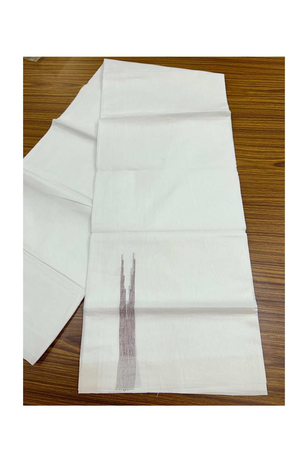 20% DISCOUNT!!  KaithariKada Balaramapuram 100% Cotton PURE WHITE Double Mundu/Dhoti-100x80 - 1 inch Brown Shaded Puliyilakkara Chutty - 37KK5191CKS