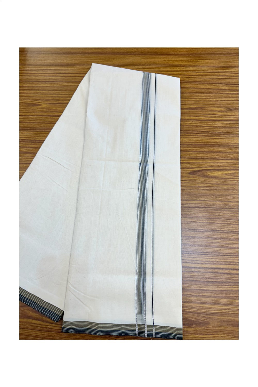 25% DISCOUNT!! KaithariKada HANDLOOM  UNAKKUPAAV Balaramapuram - 100% PURE Cotton OFF White - (Unbleached) Double Mundu/Dothi - 120(Twisted) x 100 -0.75 inch Silver Kasavu Black & Peanut Brown Striped Kara - 37KK5209 REA