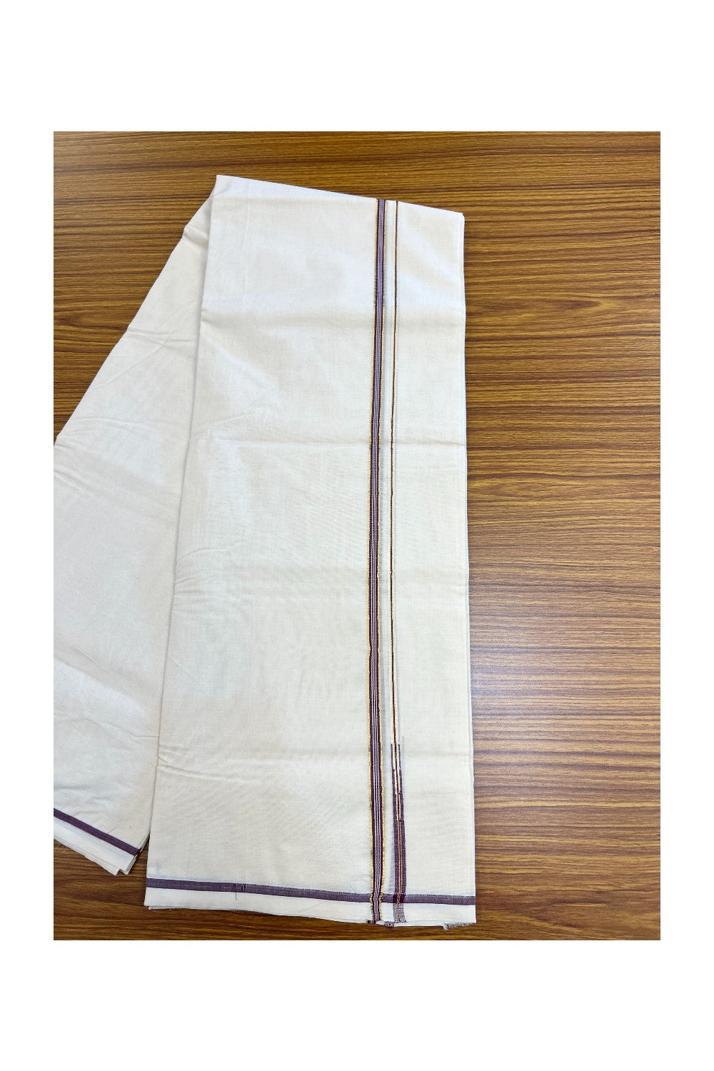 20% Discount ! KaithariKada Balaramapuram 100% Cotton Double Off white - (Unbleached) Mundu/Dhoti-100x100 - 1 cm Puliyilakkara Gold Kasavu & Wine Purple Striped Chutty kara - 37KK5218ASH