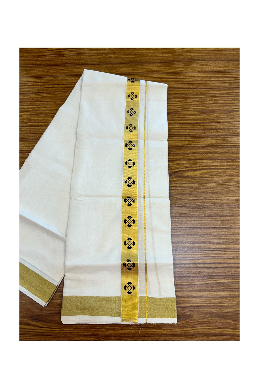 22% Discount!! KaithariKada Balaramapuram 100% Cotton DOUBLE OFF WHITE - (Ubleached) Mundu/Dhoti - 80x90 - 1.5 inch Gold Kasavu with Black Printed Design Kara - 37KK5219 GAN
