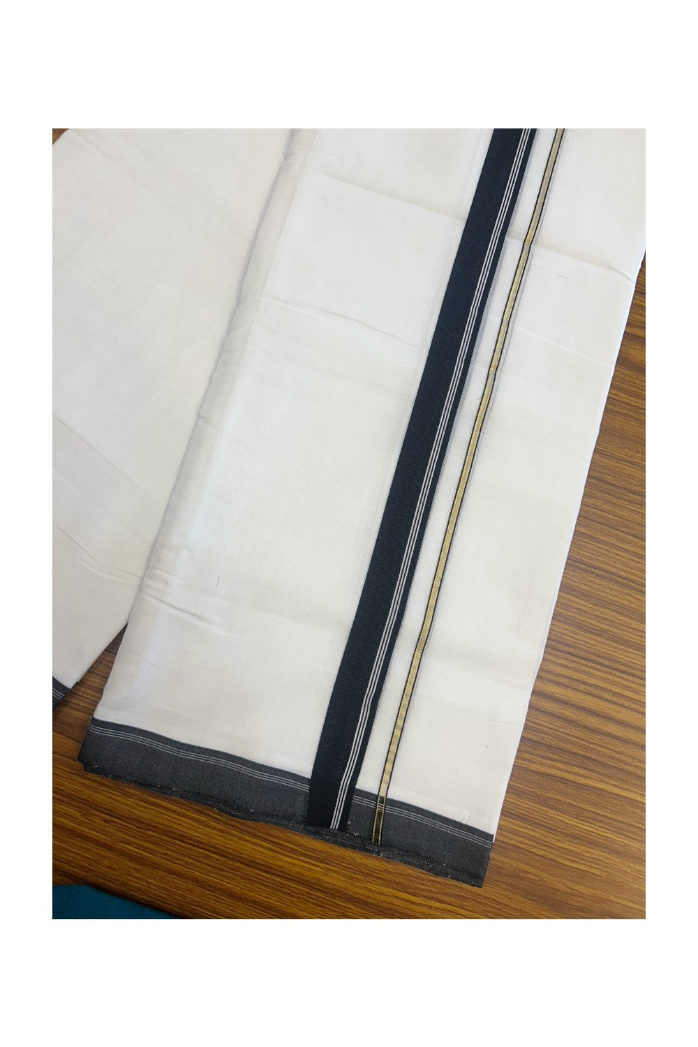 25% Discount! NEW ULTRA PURE WHITE HANDLOOM Balaramapuram - 100% Mercerised Cotton Double Mundu/Dhoti - 120(Twisted) x 80 - 1 inch Pure Kasavu Black & White stripes Kara 3.80 meter (8.5 Muzham) - 43KK5167REA
