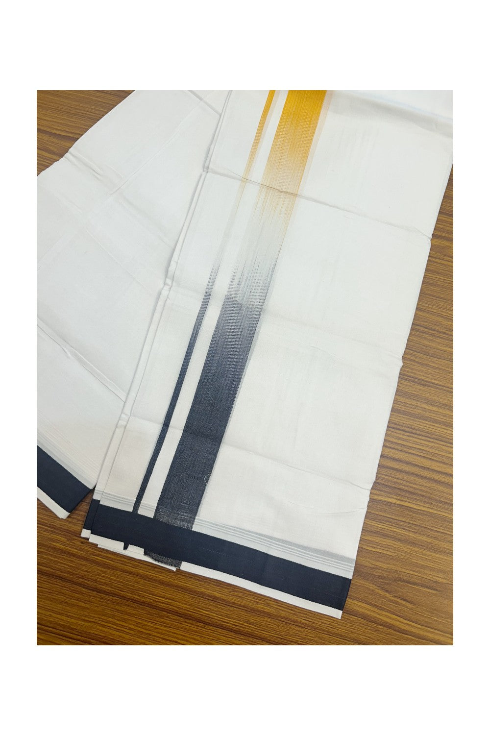 20% Discount!!! KaithariKada Balaramapuram DOUBLE PURE WHITE Mundu/Dhoti - 100X80 - 1.5 inch Navy Blue & Yellow Striped Designer Kara - 37KK5174THI