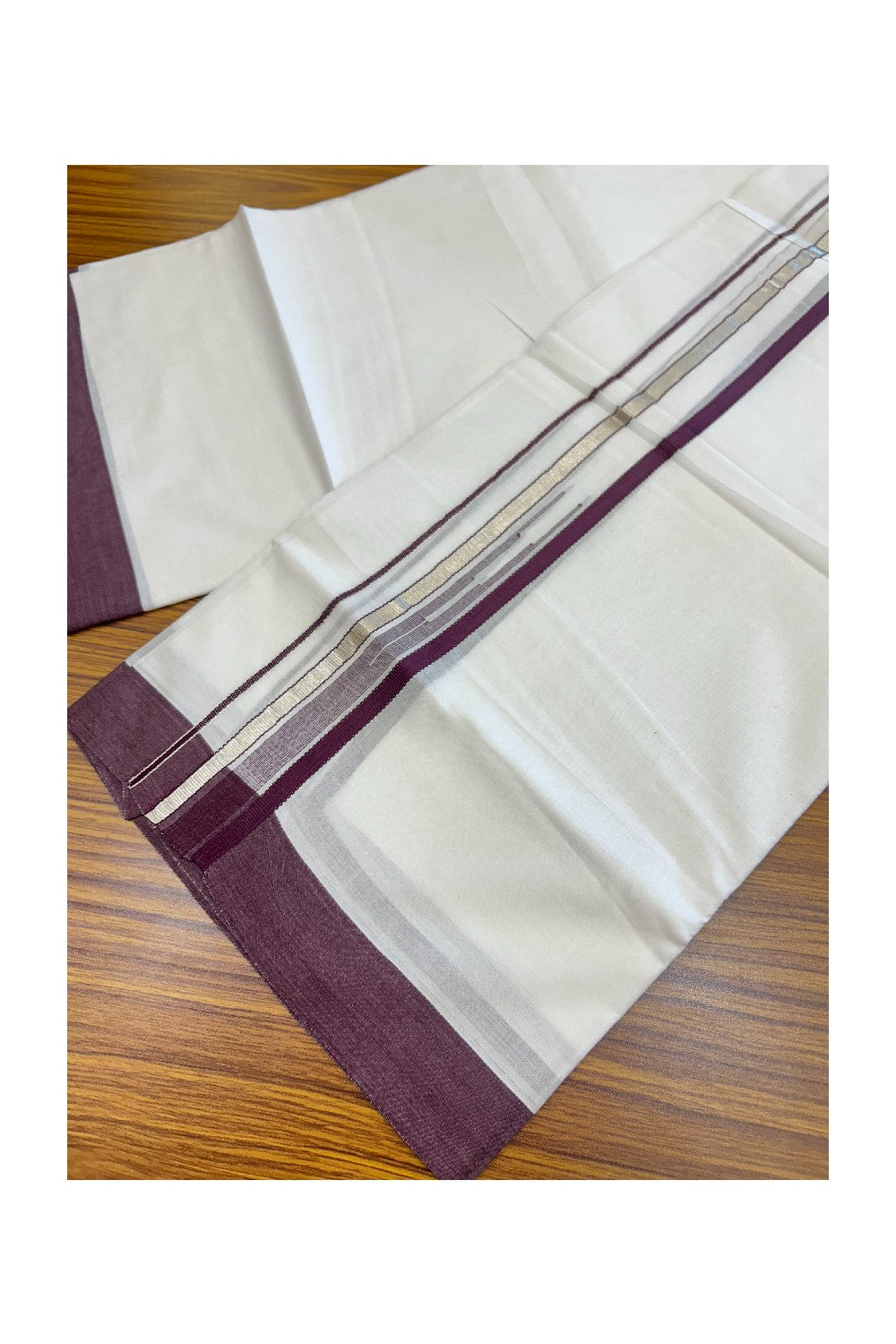 20% Discount ! Kaitharikada Balaramapuram 100% Cotton PURE WHITE Double Mundu/Dothi - 100x80 - 1.5 inch Silver Kasavu & Grape Wine Striped chutty kara - 37KK5183VIN