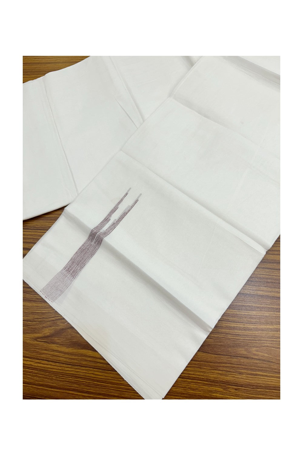 20% DISCOUNT!!  KaithariKada Balaramapuram 100% Cotton PURE WHITE Double Mundu/Dhoti-100x80 - 1 inch Brown Shaded Puliyilakkara Chutty - 37KK5191CKS