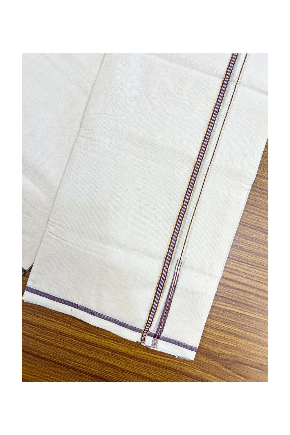 20% Discount ! KaithariKada Balaramapuram 100% Cotton Double Off white - (Unbleached) Mundu/Dhoti-100x100 - 1 cm Puliyilakkara Gold Kasavu & Wine Purple Striped Chutty kara - 37KK5218ASH