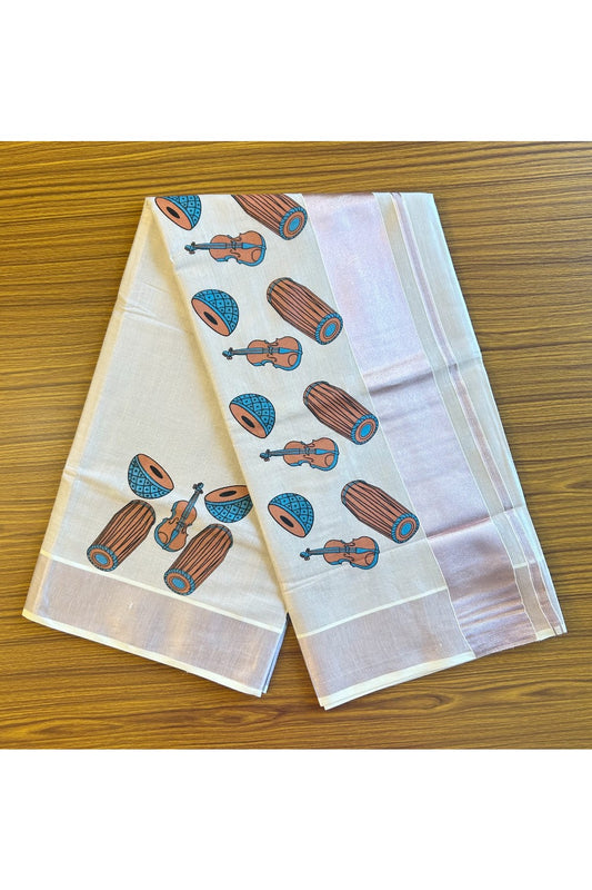 25% Discount! Kaitharikada Kerala Saree - Kasavu Tissue -  Kasavu Zari With Musical Instrument Prints - 38KK300VIN