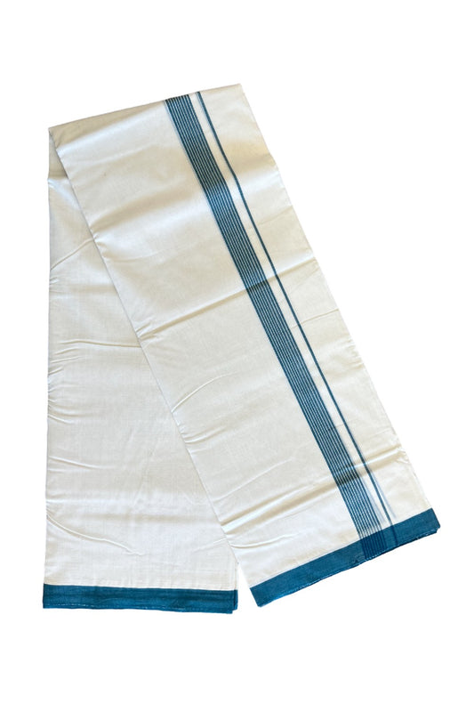 25% Discount!!! KaithariKada HANDLOOM UNAKKUPAAV Balaramapuram - 100% PURE Cotton off white (Unbleached) Double Mundu/Dhoti - Peacock green striped kara - 38KK458SOM