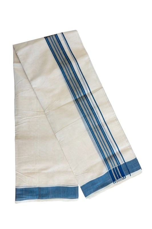 25% DISCOUNT!! KaithariKada HANDLOOM millpaav Balaramapuram - 100% PURE Cotton OFF White - (Unbleached) Double Mundu/Dothi - 2.75 inch   Peacock Blue Kasavu  & Gold Kasavu Striped kara - 38KK5029RAM