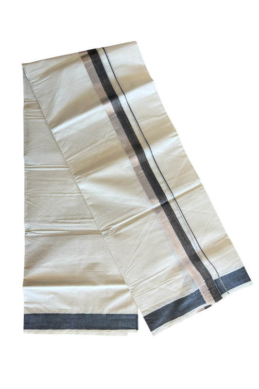 10% DISCOUNT ! KaithariKada Balaramapuram 100%  Cotton Double Off white - (Unbleached) Mundu/Dhoti - 100X100 - 2 inch BLACK & SILVER Kara - KKDV2001