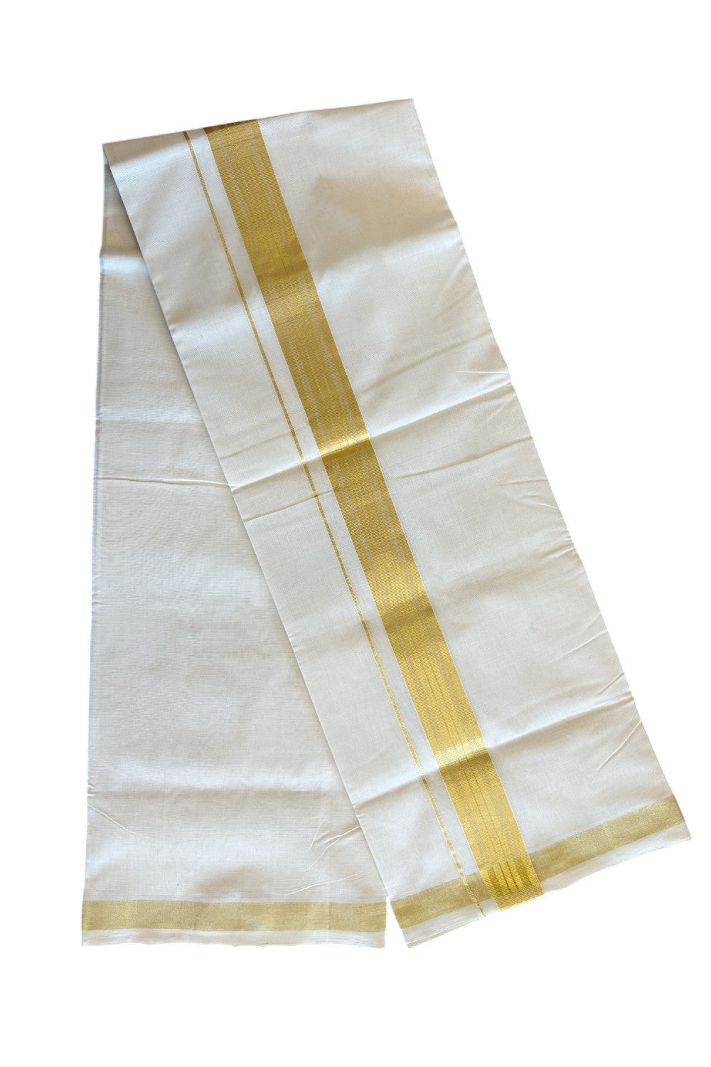 30% DISCOUNT ! KaithariKada HANDLOOM Unakkupaav Balaramapuram - 100% PURE Cotton Off White (Unbleached) Double Mundu/Dhoti - 2.25 INCH KASAVU STRIPES  KARA - 5KK71RAM