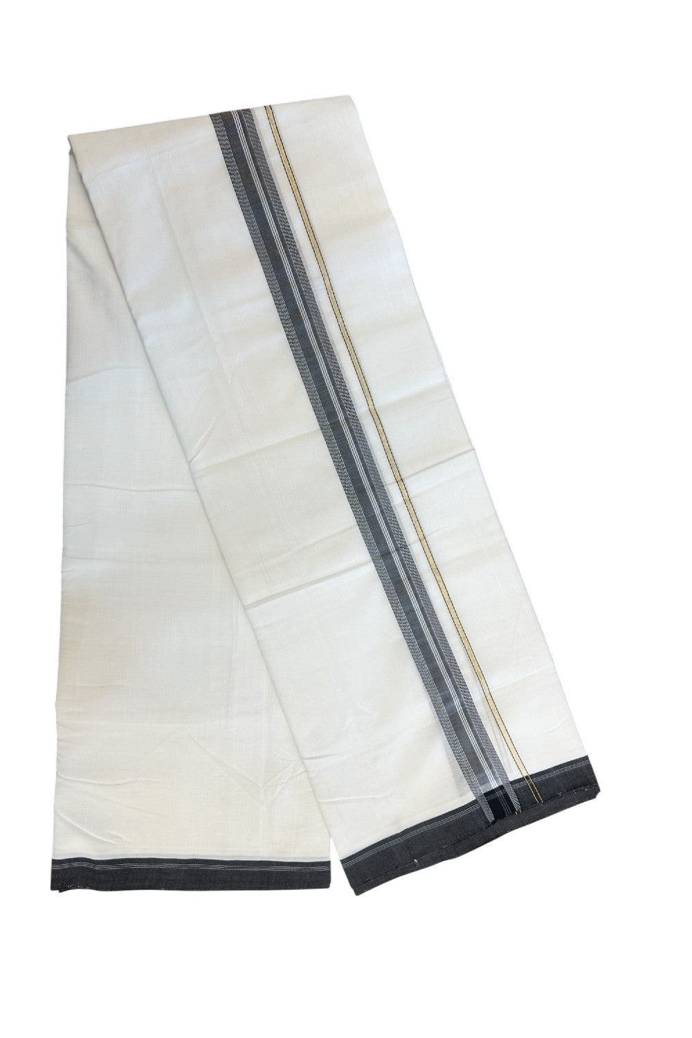 25% Discount! NEW ULTRA PURE WHITE HANDLOOM Balaramapuram - 100% Mercerised Cotton Double Mundu/Dhoti - 120(Twisted) x 80 - 1.25 inch Pure Kasavu Black shaded & White stripes Kara 3.80 meter (8.5 Muzham) - 42KK5167REA