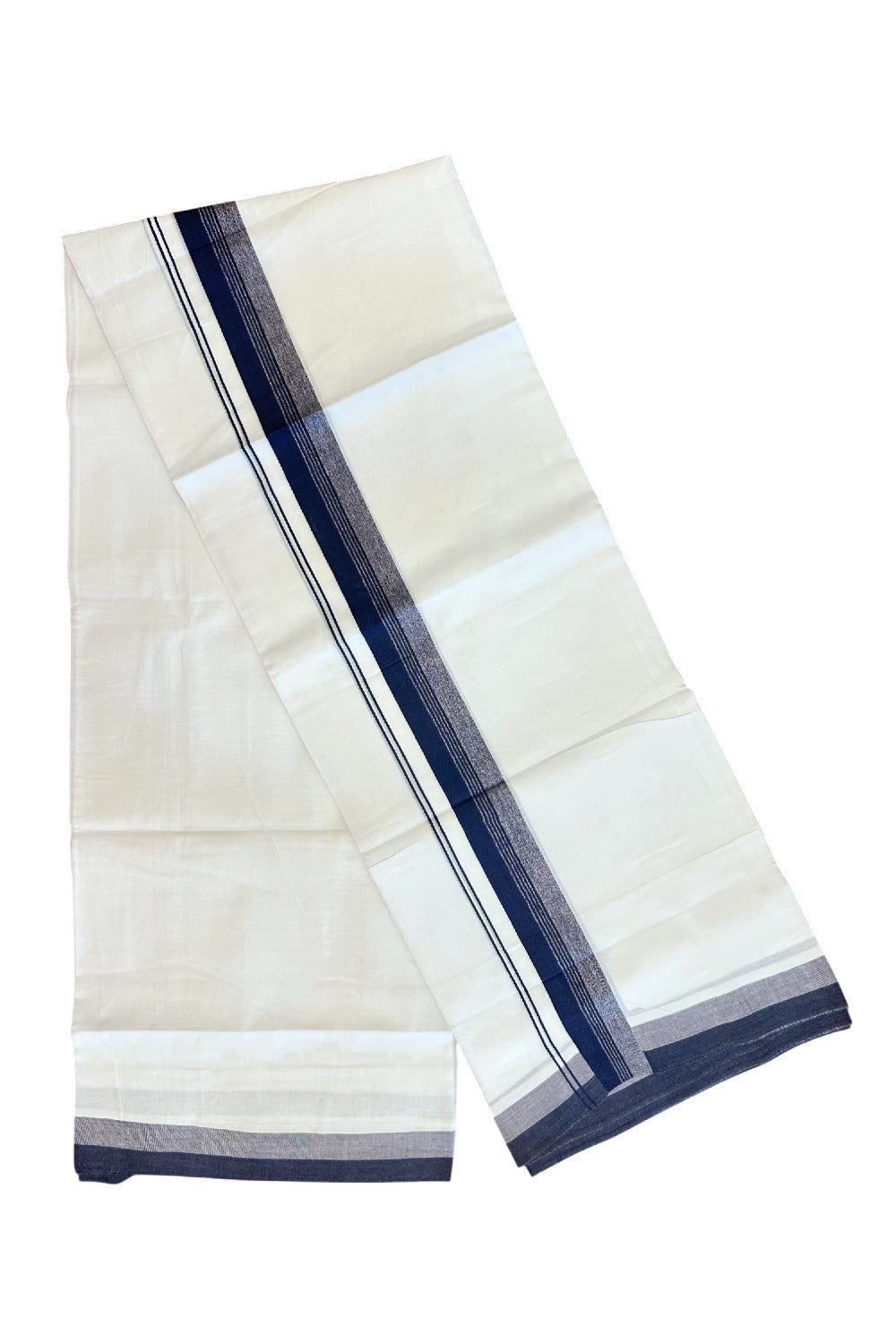 20% Discount ! Kaitharikada Balaramapuram 100% Cotton PURE WHITE Double Mundu/Dothi - 100x80 - 1.5 inch Navy Blue & Ash Violet Shaded Striped Kara - 38KK5182VAS