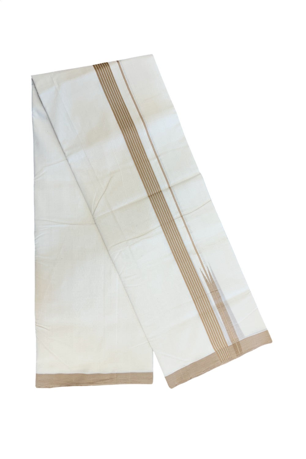 25% DISCOUNT!! KaithariKada HANDLOOM  UNAKKUPAAV Balaramapuram - 100% PURE Cotton OFF White - (Unbleached) Double Mundu/Dothi - 80X100 - 1.25 inch Puliyilakkara Sand Brown Striped Chutty Kara 3.80 meter (8.5 Muzham) - 38KK5209 REA