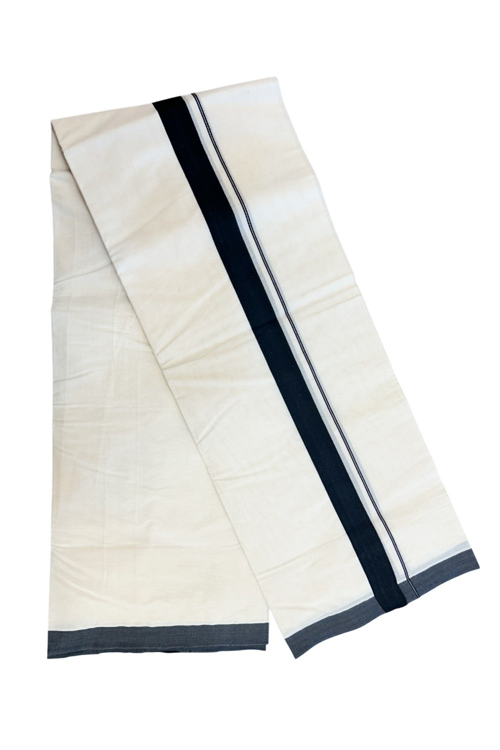 20% Discount ! KaithariKada Balaramapuram 100% Cotton Double Off white - (Unbleached) - Mundu/Dhoti-100X100 - 1.25 inch Black Kara.- 38KK5218ASH