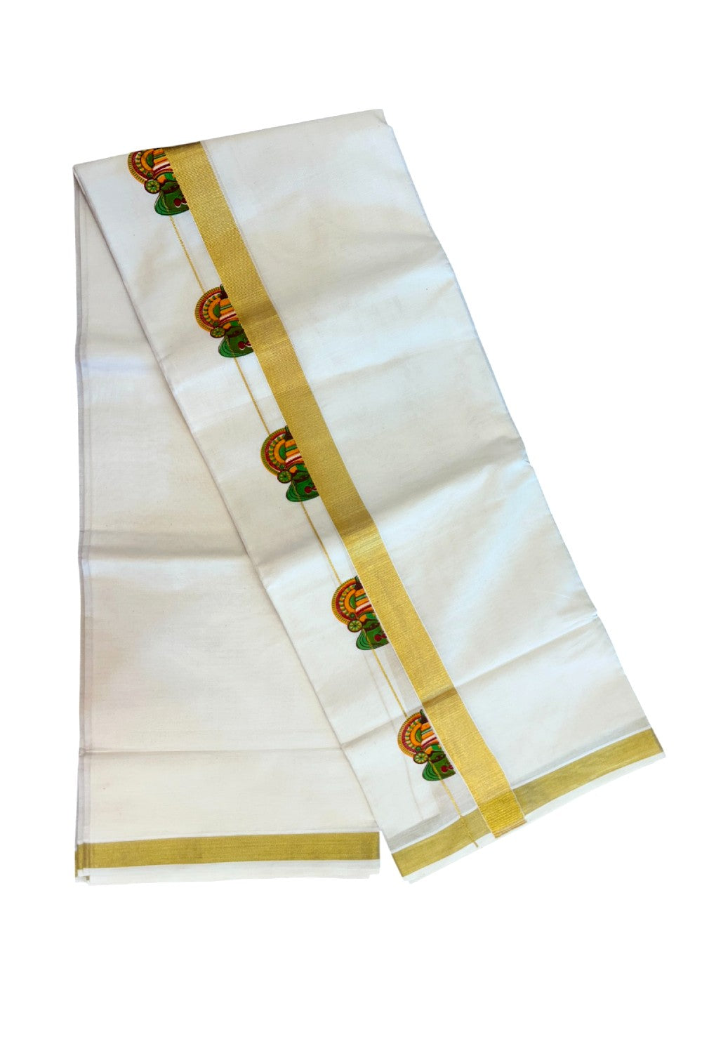 22% Discount!! KaithariKada Balaramapuram 100% Cotton Double Off White - (Ubleached) Mundu/Dhoti - 80x90 - 1 inch Gold Kasavu with Kathakali Printed Design Kara - 38KK5219 GAN