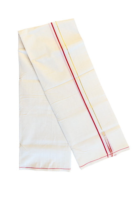 22% DISCOUNT!! KaithariKada HANDLOOM Unakkupaavu Balaramapuram - 100% PURE Cotton OFF White (Unbleached) Double Mundu/Dothi - RED KASAVU PULIYILAKKARA 1.cm Kara- KK46SOM-38.
