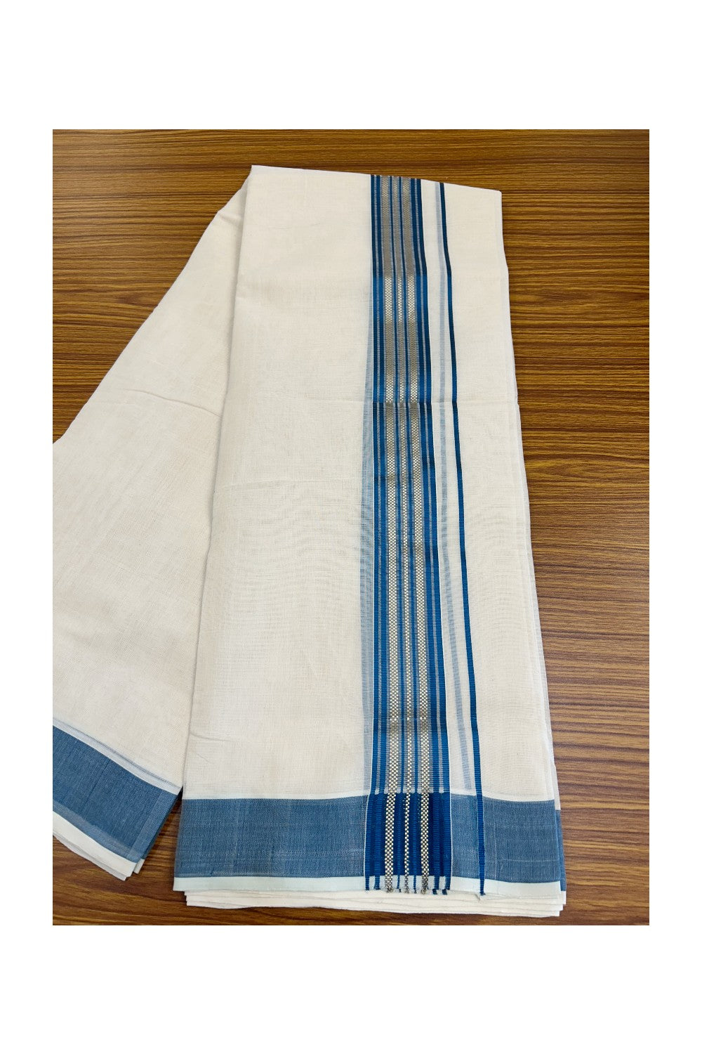 25% DISCOUNT!! KaithariKada HANDLOOM millpaav Balaramapuram - 100% PURE Cotton OFF White - (Unbleached) Double Mundu/Dothi - 2.75 inch   Peacock Blue Kasavu  & Gold Kasavu Striped kara - 38KK5029RAM