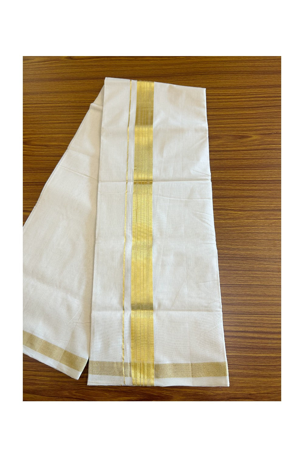 30% DISCOUNT ! KaithariKada HANDLOOM Unakkupaav Balaramapuram - 100% PURE Cotton Off White (Unbleached) Double Mundu/Dhoti - 2.25 INCH KASAVU STRIPES  KARA - 5KK71RAM