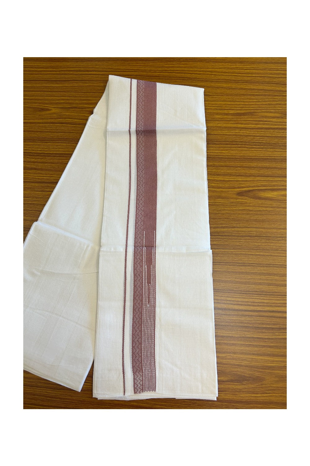 20% DISCOUNT!! Kaitharikada Balaramapuram 100% Cotton PURE WHITE Double Mundu/Dothi - 80X90 - 1.5 Inch Reddish Brown design Kara 3.70 m (8 Muzham) - 57KK5115THI