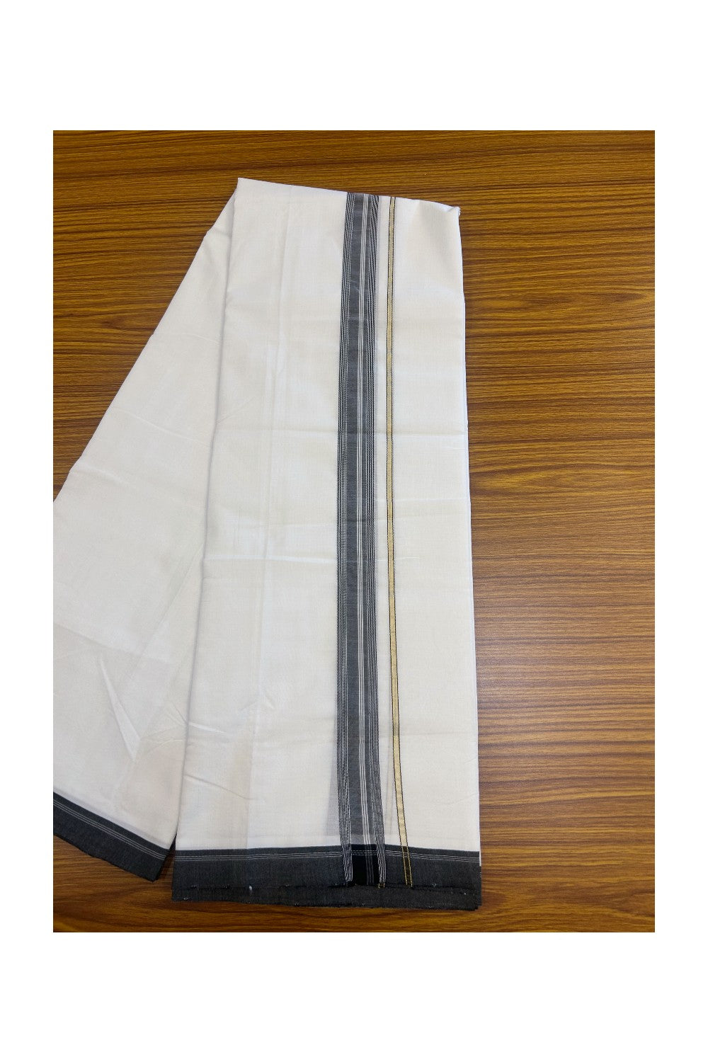 25% Discount! NEW ULTRA PURE WHITE HANDLOOM Balaramapuram - 100% Mercerised Cotton Double Mundu/Dhoti - 120(Twisted) x 80 - 1.25 inch Pure Kasavu Black shaded & White stripes Kara 3.80 meter (8.5 Muzham) - 42KK5167REA