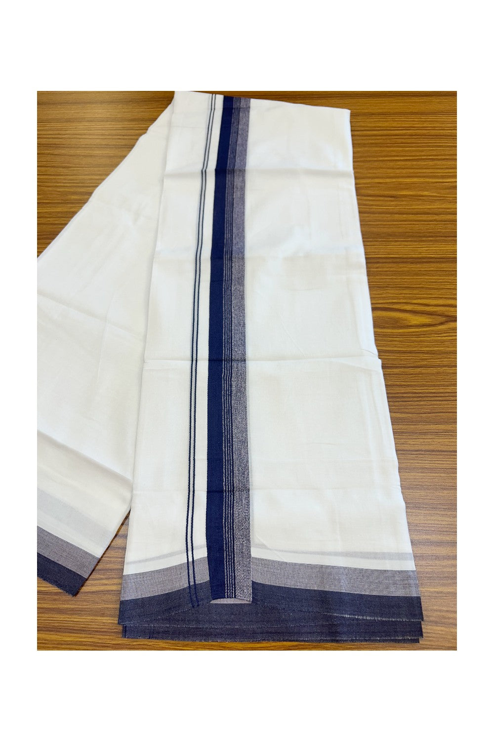 20% Discount ! Kaitharikada Balaramapuram 100% Cotton PURE WHITE Double Mundu/Dothi - 100x80 - 1.5 inch Navy Blue & Ash Violet Shaded Striped Kara - 38KK5182VAS