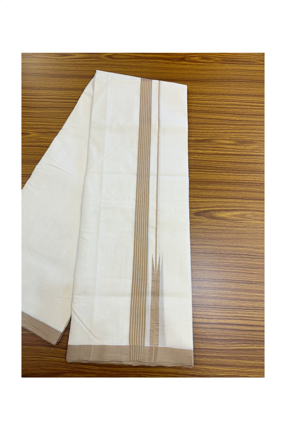 25% DISCOUNT!! KaithariKada HANDLOOM  UNAKKUPAAV Balaramapuram - 100% PURE Cotton OFF White - (Unbleached) Double Mundu/Dothi - 80X100 - 1.25 inch Puliyilakkara Sand Brown Striped Chutty Kara 3.80 meter (8.5 Muzham) - 38KK5209 REA