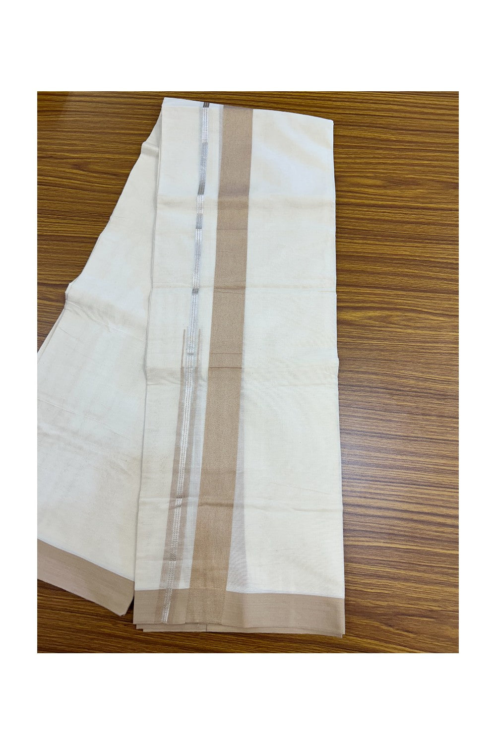 20% Discount ! KaithariKada Balaramapuram 100% Cotton Double OFF WHITE - (Unbleached) - Mundu / Dhoti- 100x80 - Puliyilakkara 1.5 inch Silver kasavu Sand brown striped chutty - 38KK5213 VIN