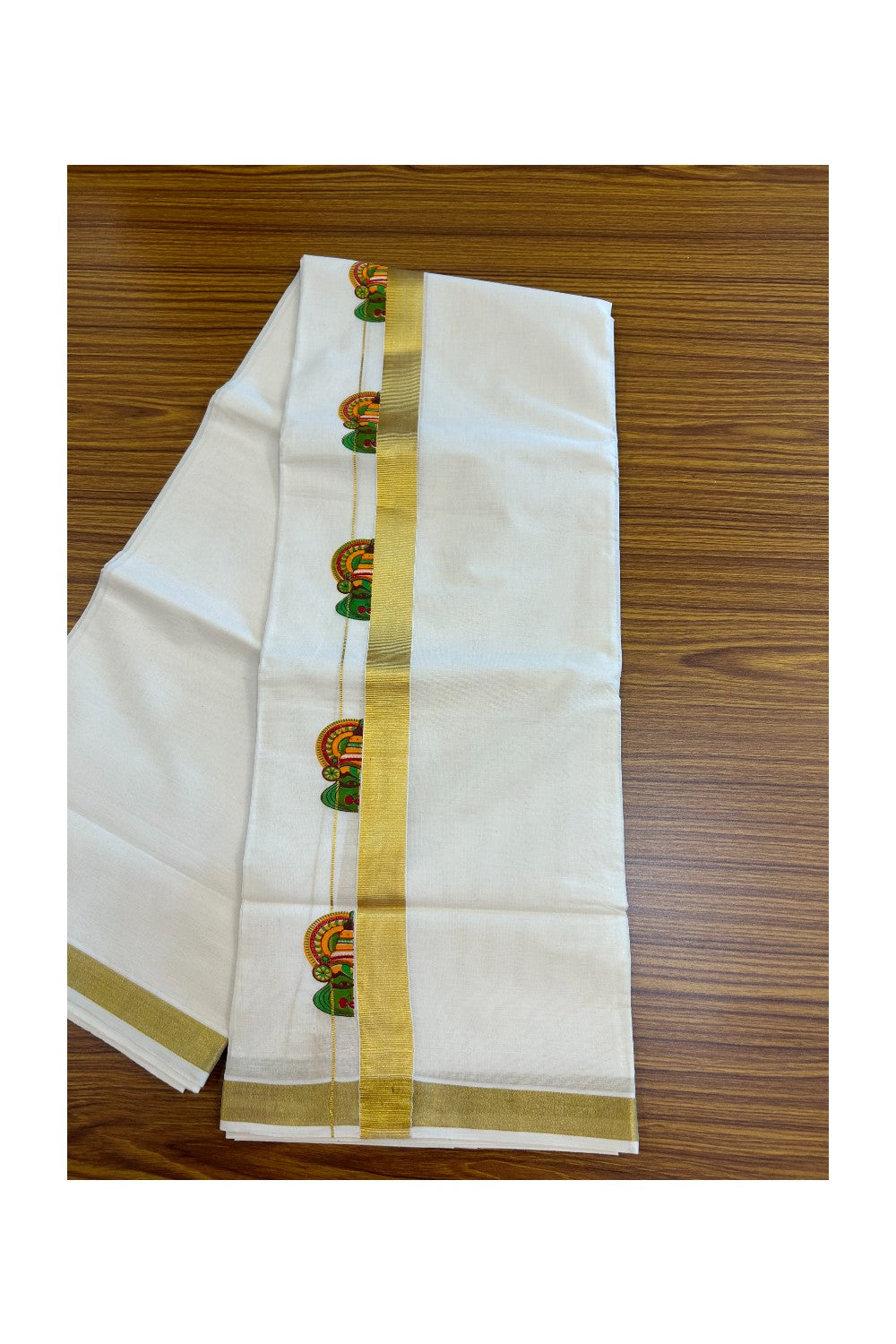 22% Discount!! KaithariKada Balaramapuram 100% Cotton Double Off White - (Ubleached) Mundu/Dhoti - 80x90 - 1 inch Gold Kasavu with Kathakali Printed Design Kara - 38KK5219 GAN