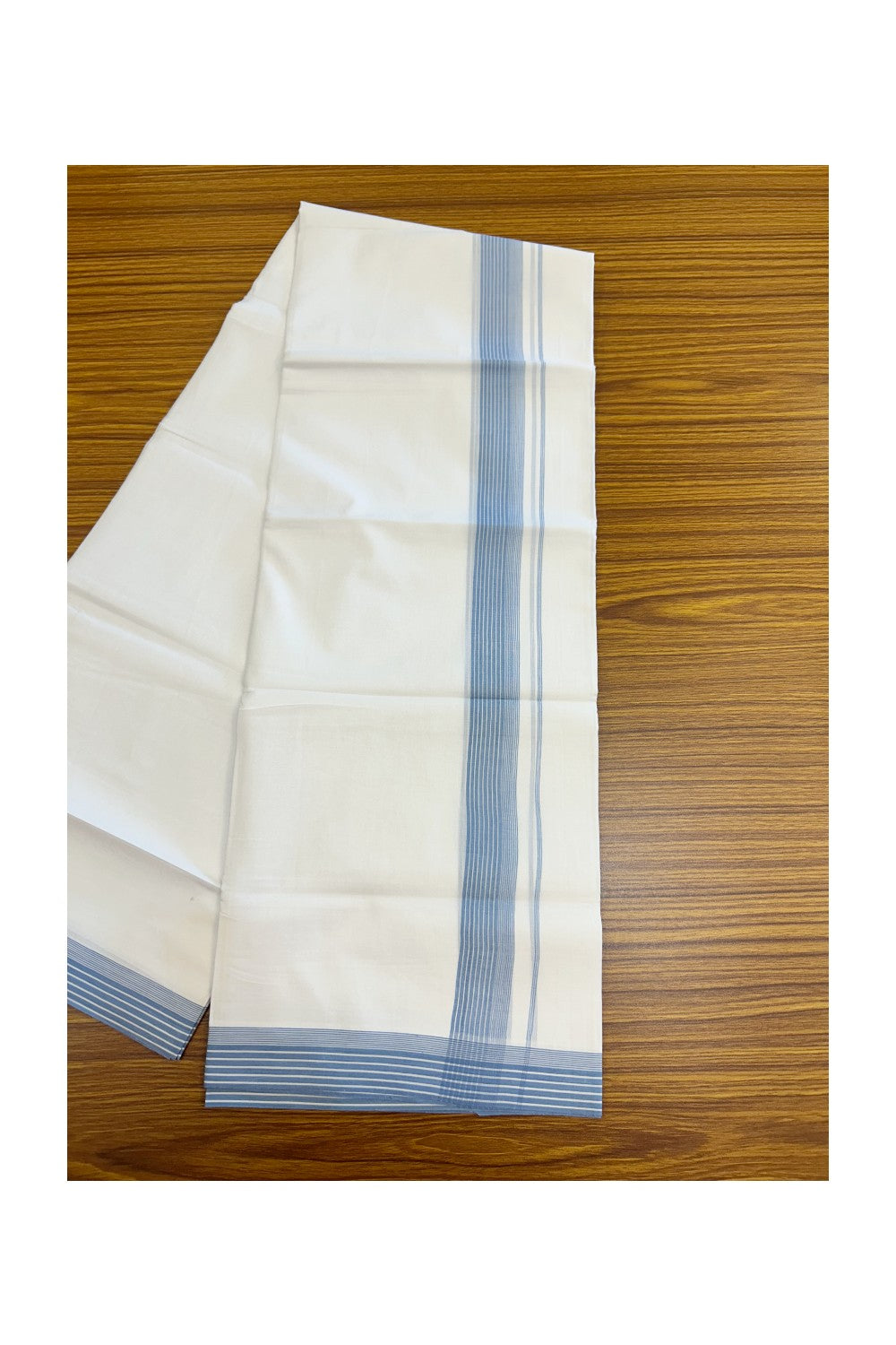 20% Discount ! Kaitharikada Balaramapuram 100% Cotton PURE WHITE Double Mundu/Dothi - 100x80 - 1.25 inch Dark Sky Blue Striped Kara 3.75 mtr (8 muzham) - 38KK5220 THI