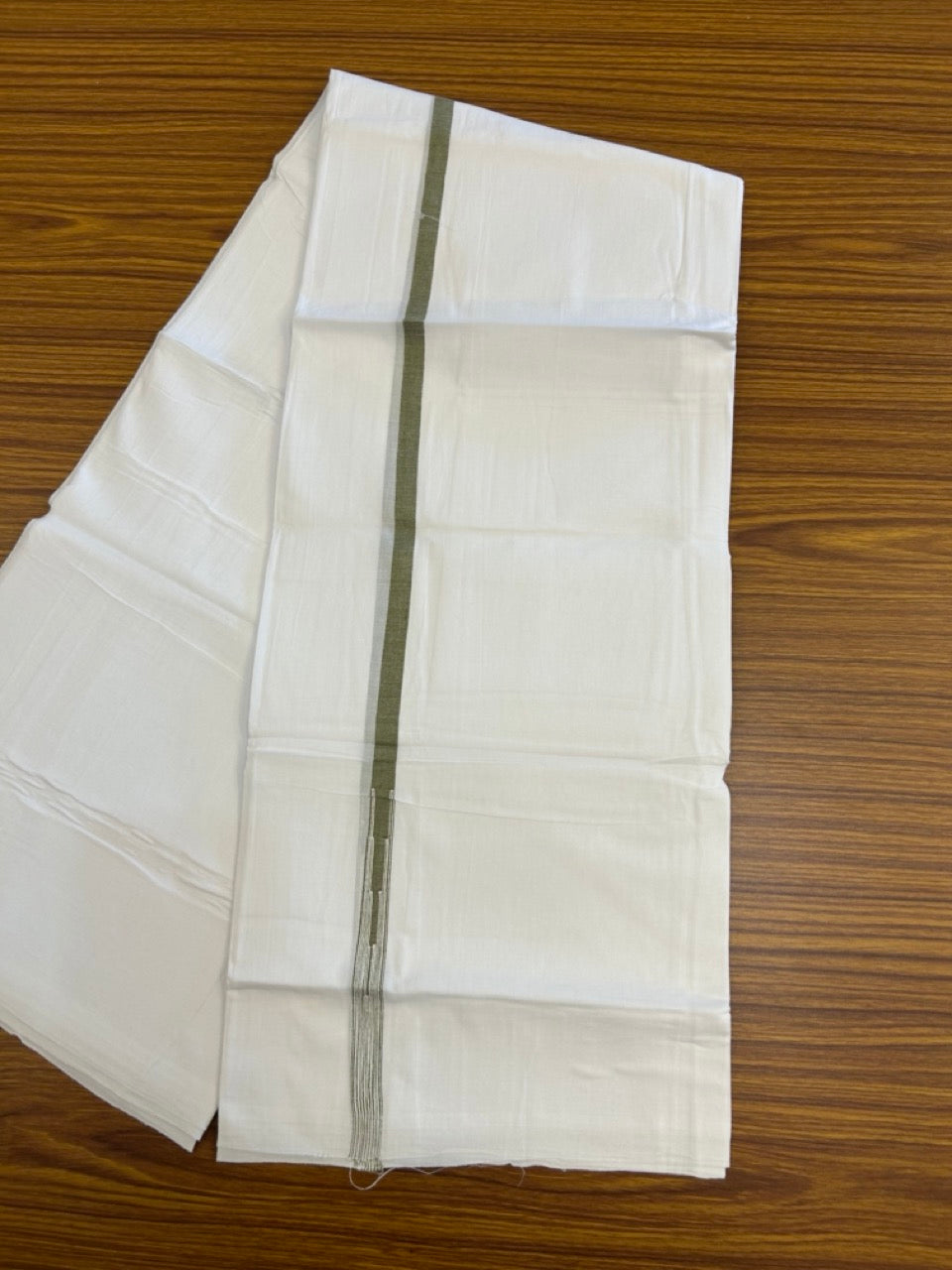 20% DISCOUNT!! NEW!! KaithariKada Balaramapuram 100% Cotton PURE WHITE Double Mundu/Dhoti - (100x80)s - 0.5 inch Sage Green Kara chutty - 38 KK5249 VIN
