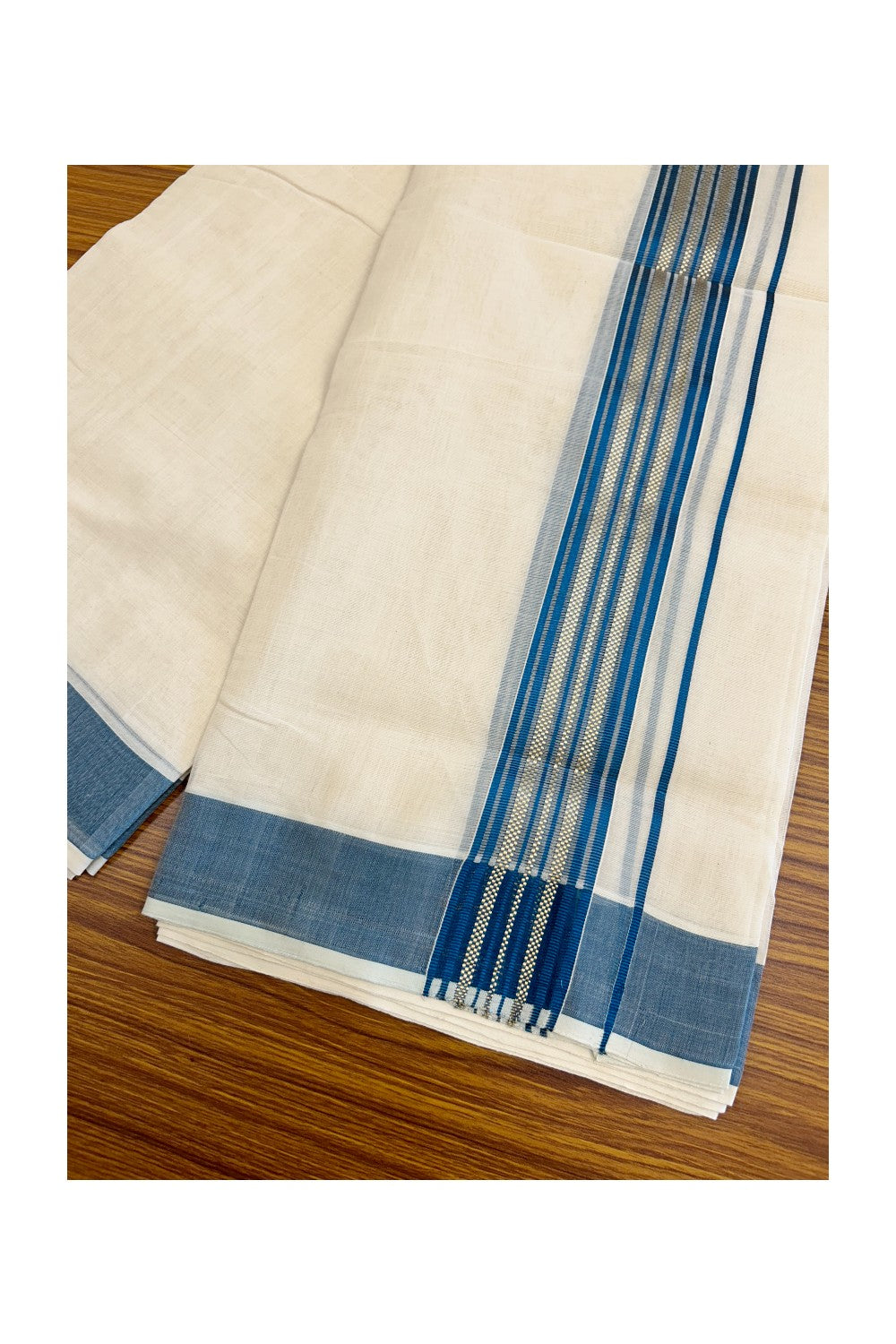 25% DISCOUNT!! KaithariKada HANDLOOM millpaav Balaramapuram - 100% PURE Cotton OFF White - (Unbleached) Double Mundu/Dothi - 2.75 inch   Peacock Blue Kasavu  & Gold Kasavu Striped kara - 38KK5029RAM