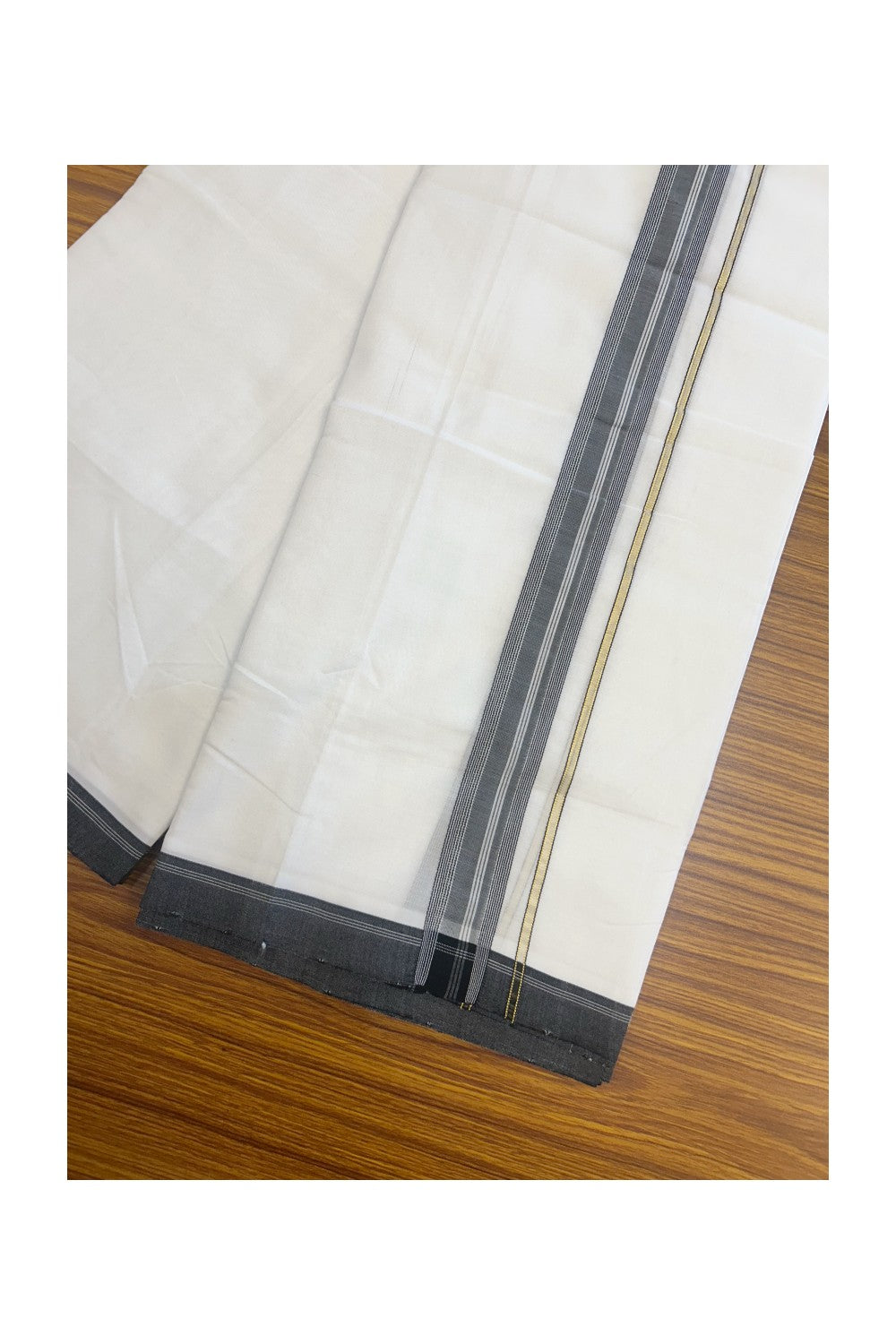 25% Discount! NEW ULTRA PURE WHITE HANDLOOM Balaramapuram - 100% Mercerised Cotton Double Mundu/Dhoti - 120(Twisted) x 80 - 1.25 inch Pure Kasavu Black shaded & White stripes Kara 3.80 meter (8.5 Muzham) - 42KK5167REA