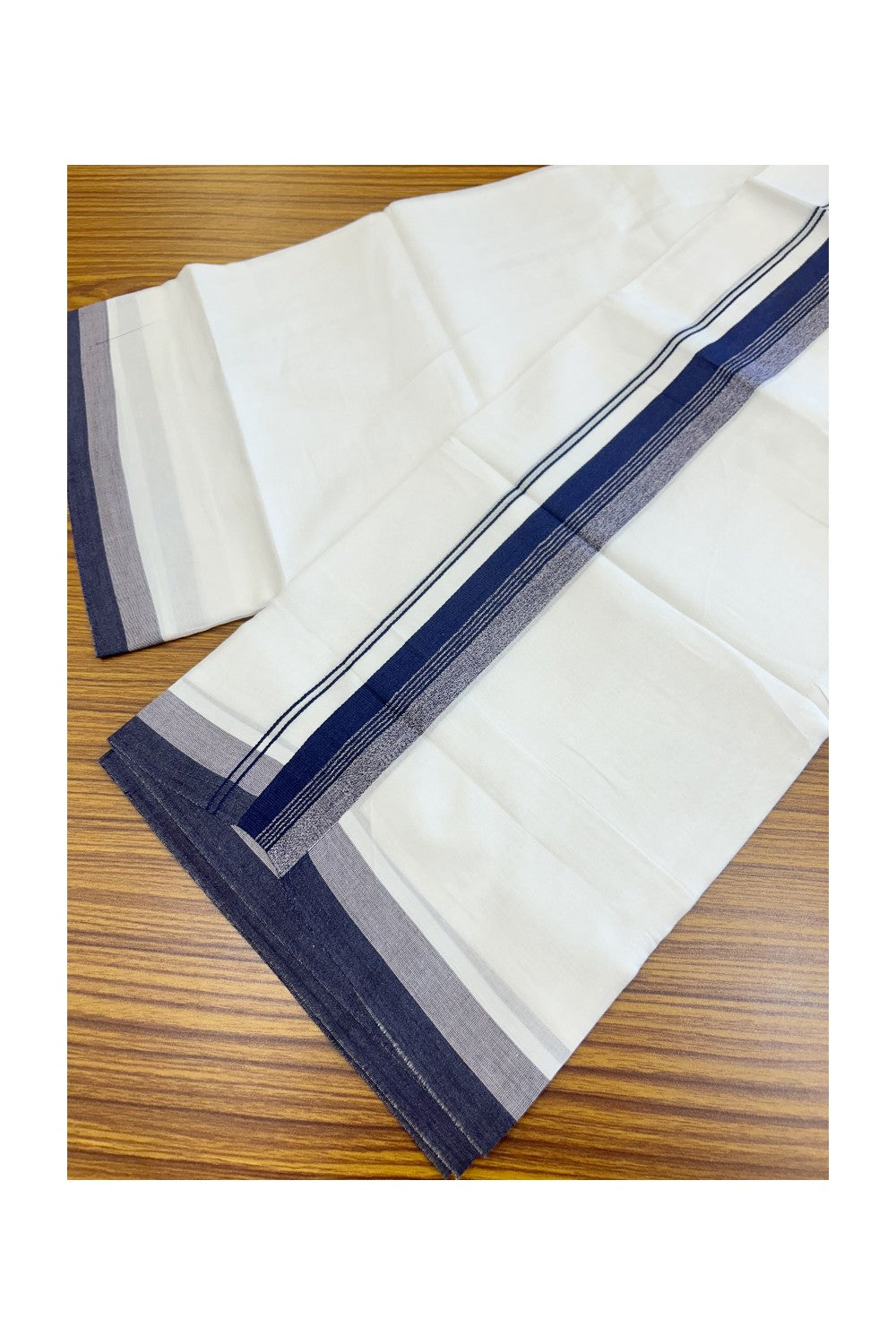 20% Discount ! Kaitharikada Balaramapuram 100% Cotton PURE WHITE Double Mundu/Dothi - 100x80 - 1.5 inch Navy Blue & Ash Violet Shaded Striped Kara - 38KK5182VAS