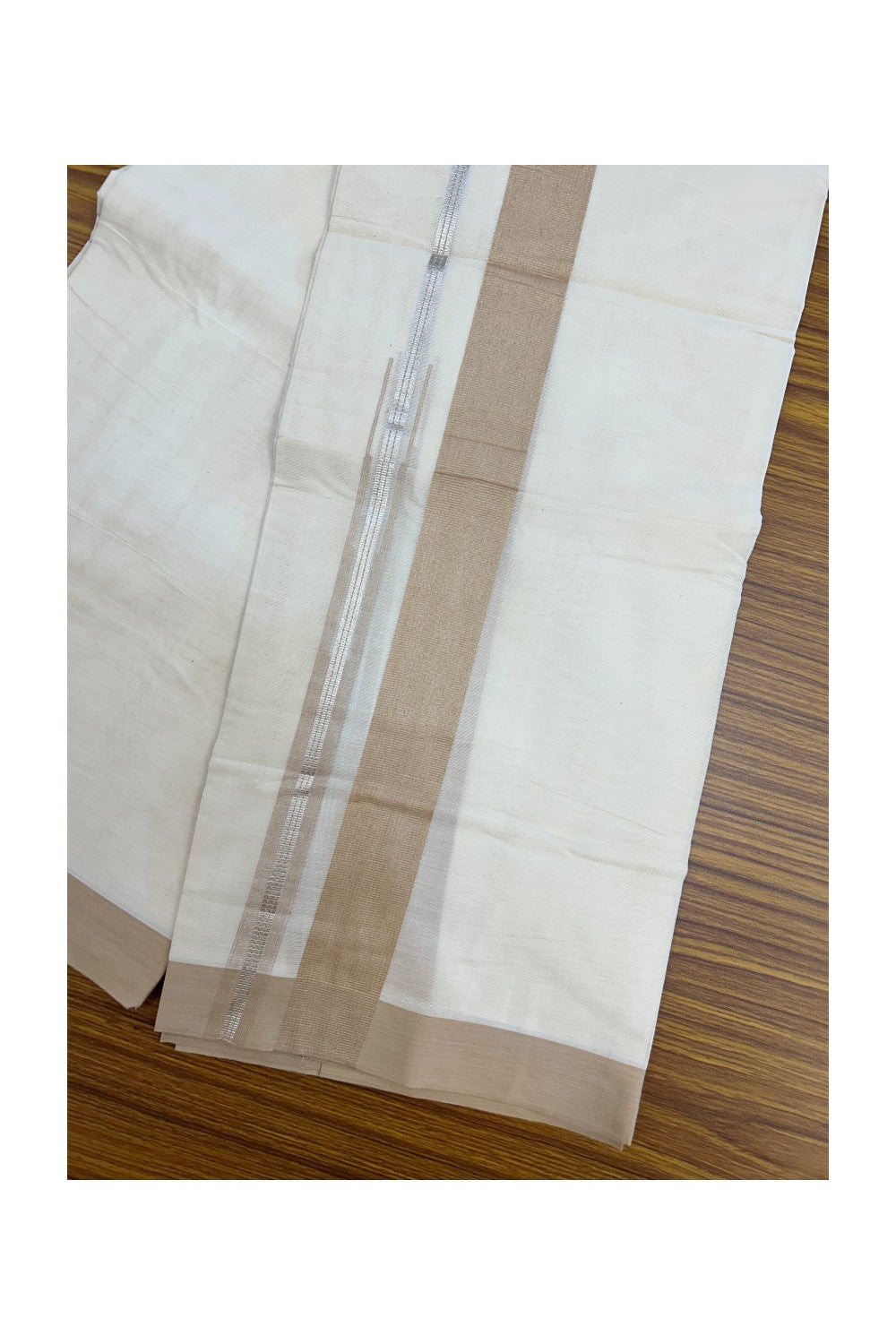 20% Discount ! KaithariKada Balaramapuram 100% Cotton Double OFF WHITE - (Unbleached) - Mundu / Dhoti- 100x80 - Puliyilakkara 1.5 inch Silver kasavu Sand brown striped chutty - 38KK5213 VIN