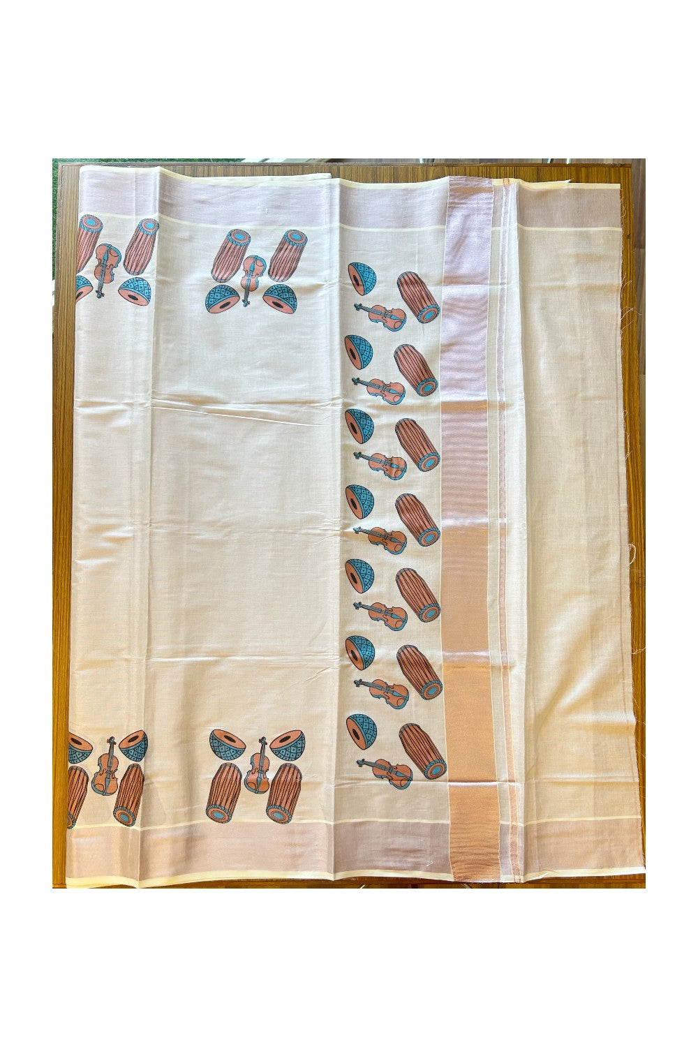 25% Discount! Kaitharikada Kerala Saree - Kasavu Tissue -  Kasavu Zari With Musical Instrument Prints - 38KK300VIN
