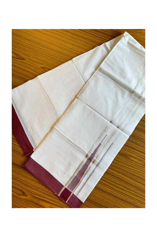 21% DISCOUNT!! Kaitharikada Balaramapuram 100% Cotton PURE WHITE Double Mundu/Dothi-100x100 Puliyilakkara CHUTTY 1.75 Inch Maroon & SILVER STRIPED Cotton Kara - 39KK424CEE
