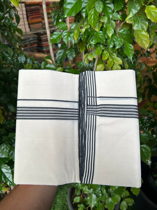 25% Discount! KaithariKada HANDLOOM  UNAKKUPAAV Balaramapuram - 100% PURE Cotton OFF White - (Unbleached) Double Mundu/Dothi - 100 x 80 - 1 inch Black White muthukkuri 3.80 meter (8.5 mulam) - 39 KK5249 REA