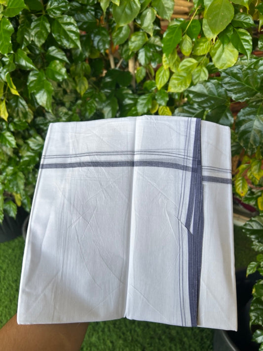 20% DISCOUNT!! NEW!! KaithariKada Balaramapuram 100% Cotton PURE WHITE Double Mundu/Dhoti - (100x80)s - 0.5 inch Dark Navy Blue Kara - 47 KK5249 VIN