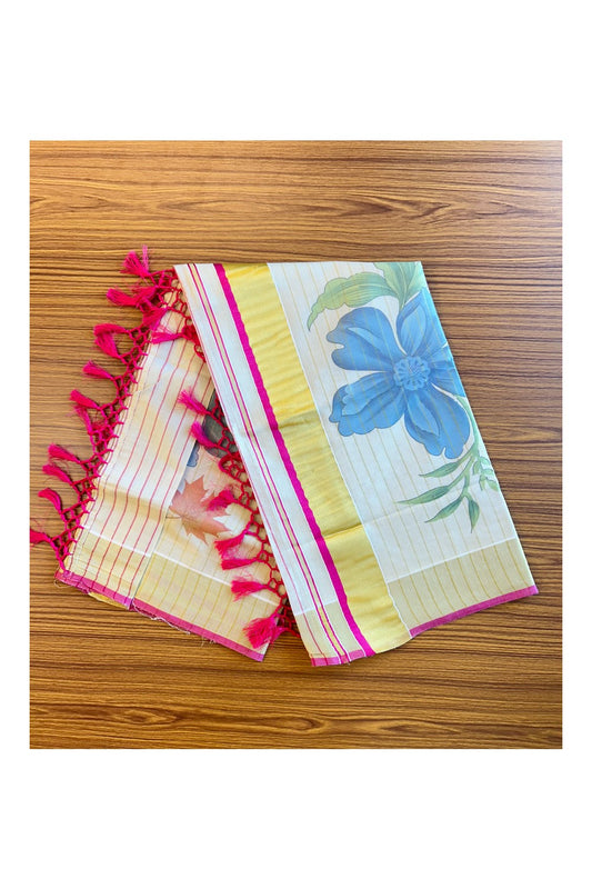 25% Discount!! Kaitharikada Kerala Cotton 24 inch Gold Magenta & Flower Pattern stripes Design Tissue Kasavu Saree - 39KK303VIN