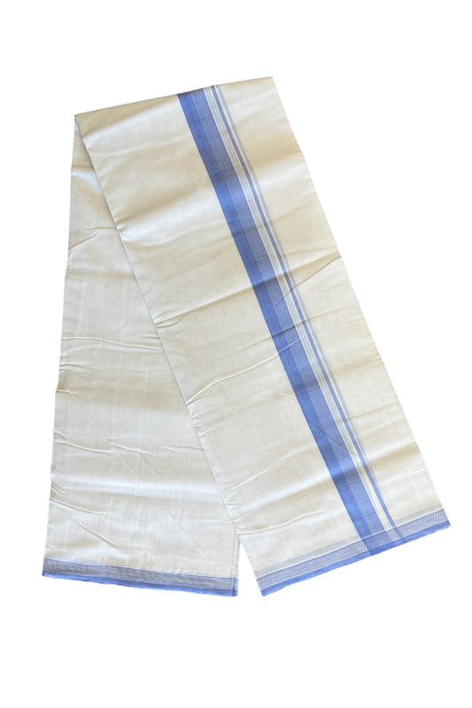 25% Discount!!! KaithariKada HANDLOOM UNAKKUPAAV Balaramapuram - 100% PURE Cotton off white (Unbleached) Double Mundu/Dhoti - Lavender blue & white stripes kara - 39KK458SOM