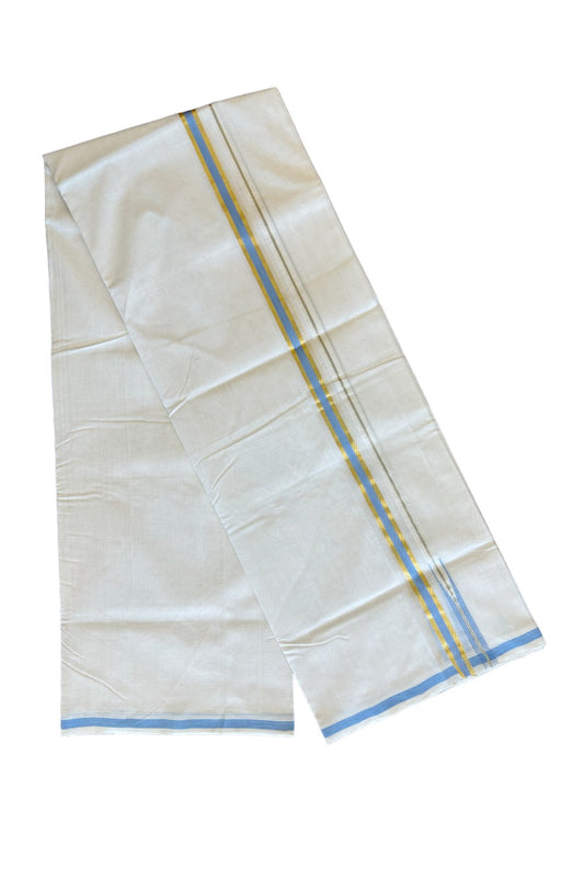 22% DISCOUNT!! KaithariKada HANDLOOM UNAKKUPAAV Balaramapuram - 100% PURE Cotton OFF White - (Unbleached) Double Mundu/Dothi - 0.75 inch Puliyilakkara Kasavu Sky blue chutty - 39KK462RAM