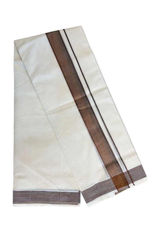 25% DISCOUNT!! KaithariKada HANDLOOM Millpaav Balaramapuram - 100% PURE Cotton OFF White Double - (Unbleached) Mundu/Dothi - 2.75 inch BROWN GOLD kasavu Stripes Kara - 39KK5029RAM
